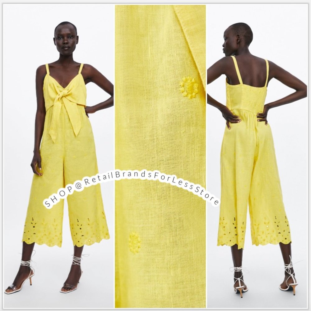 ZARA BUTTER YELLOW LINEN EYELET EMBROIDERED BOW KNOT SMOCKED JUMPSUIT $69.9